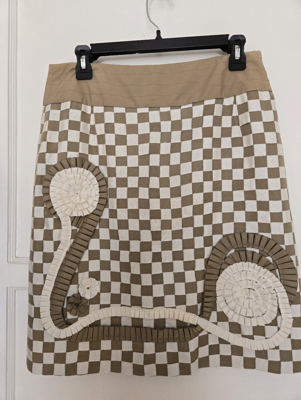Etcetera Taupe and White  Woven Checkered A-Line Skirt with Ribbon Appliqué